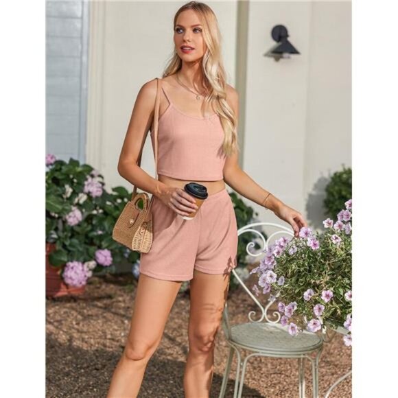 Women's 3 Piece Waffle Knit Lounge Set - Tank Top, Shorts & Cardigan - Picture 4 of 6